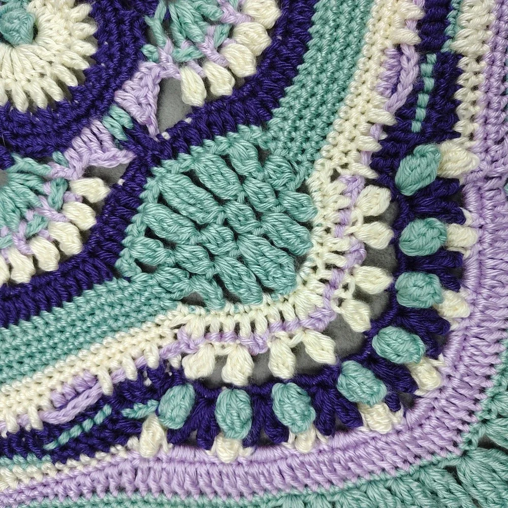 Vintage Handmade Crochet Baby Blanket Purple Blue 3-D Floral Design 32